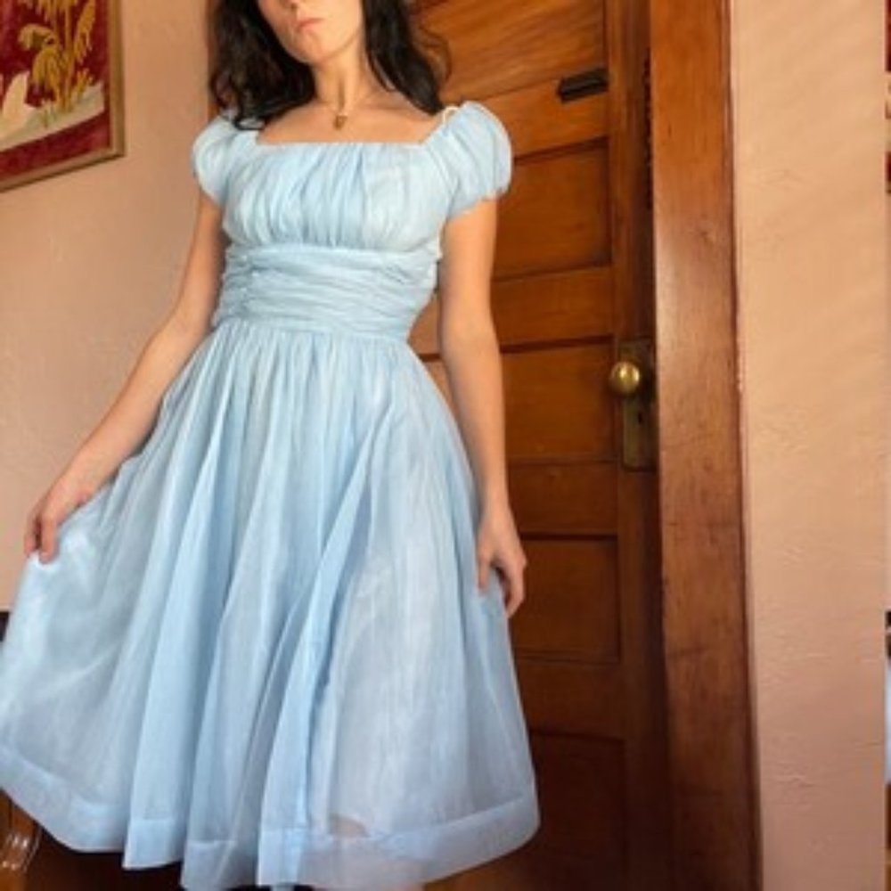 1950s Blue Gathered Vintage Dress Sleeping Beauty Alice in Wonderland Snow White